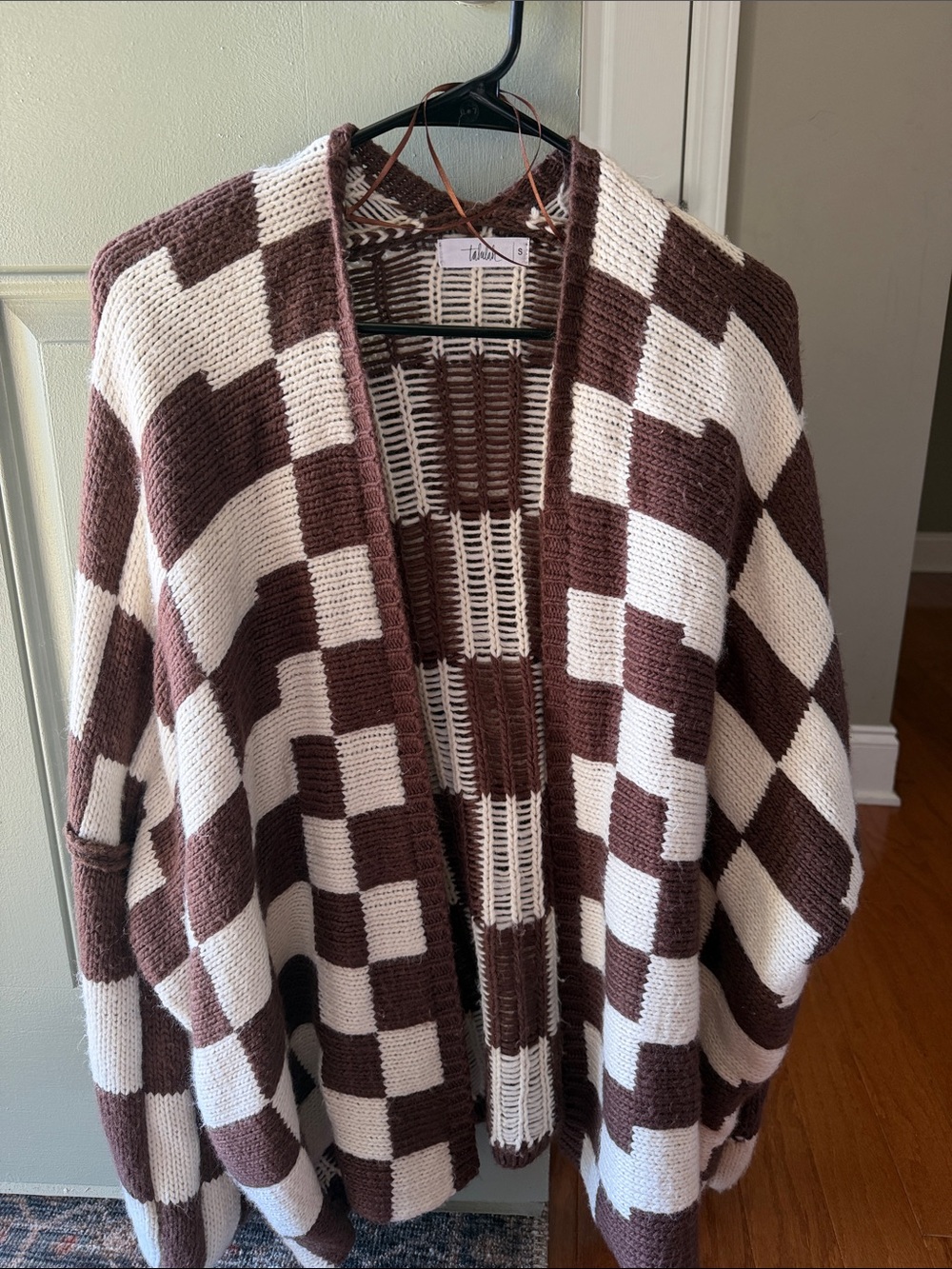 Talulah Open-Front Brown and Cream Checkered Knit Cardigan Sweater